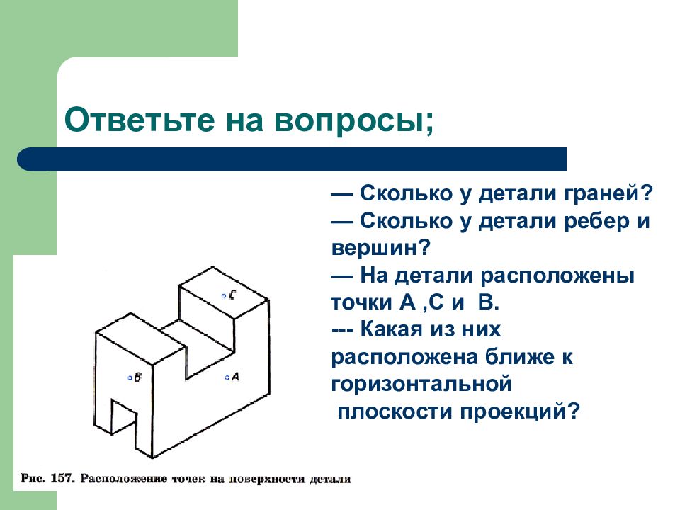 Расставьте буквенные обозначения проекций точек на чертеже детали отмеченных на наглядном