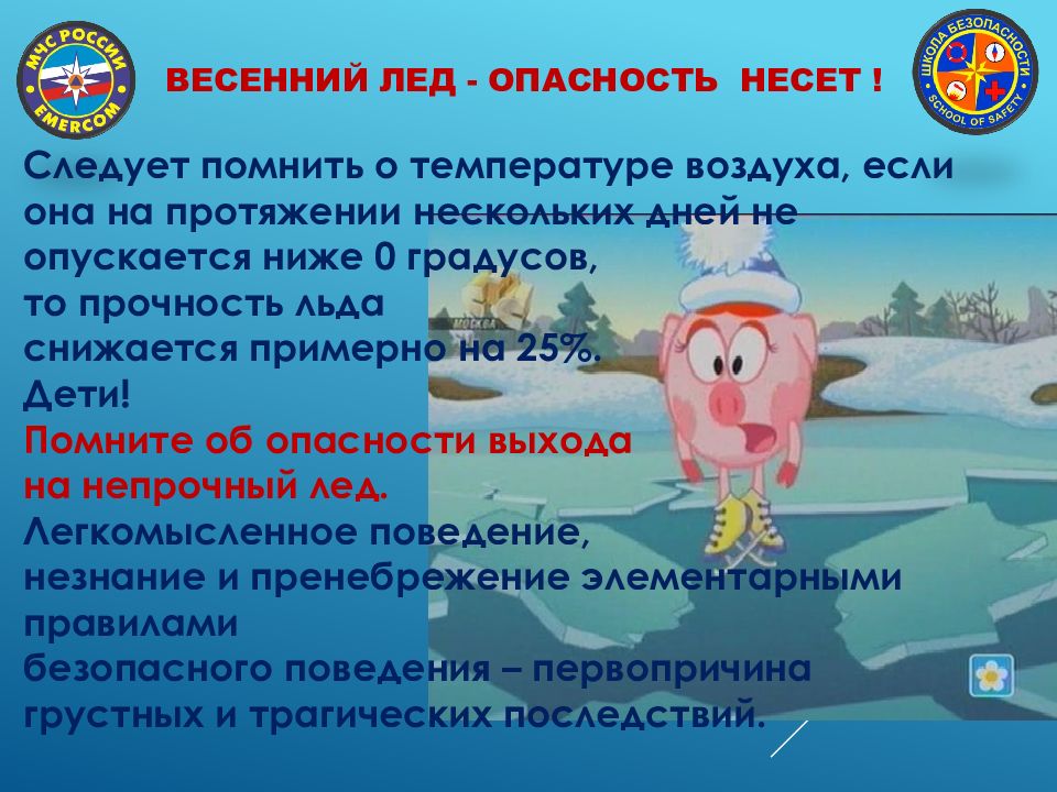 Шла весной по льду свинья. Опасность на льду. Весенний лед опасность несет. Весенний лед опасен. Несет опасность.