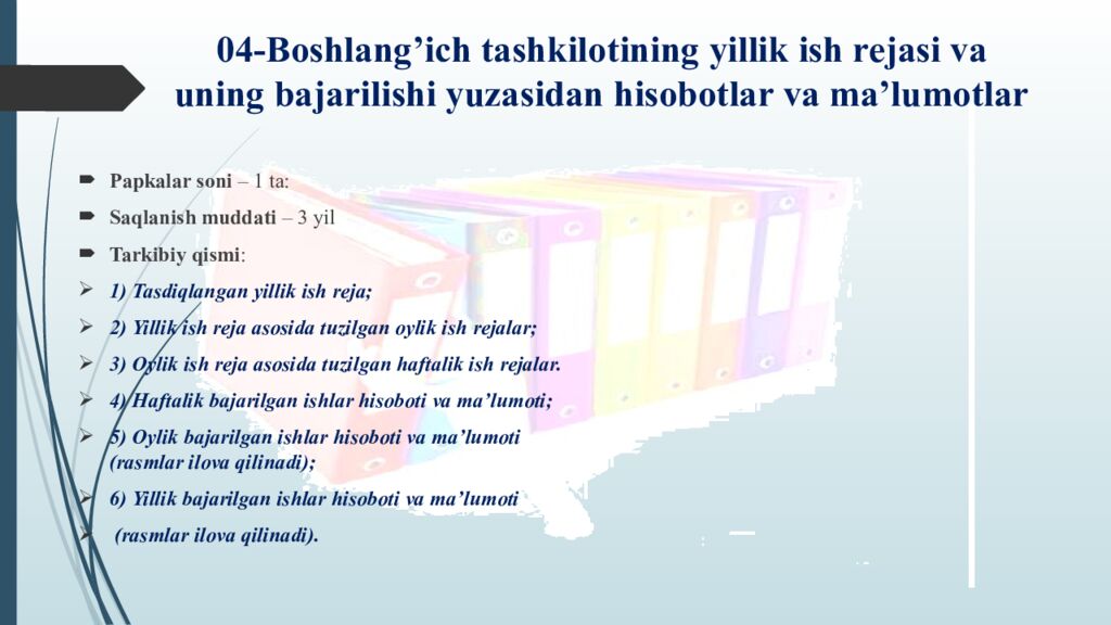 04- Boshlang’ich tashkilot ining yillik ish rejasi va uning bajarilishi yuzasidan hisobotlar va ma’lumotlar